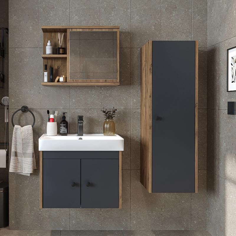 Mobile bagno completo sospeso lavabo specchio colonna 60 cm rovere antracite Cascade