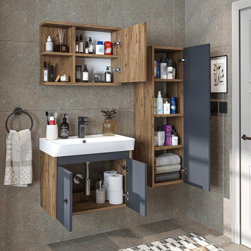Mobile bagno completo sospeso lavabo specchio colonna 60 cm rovere antracite Cascade