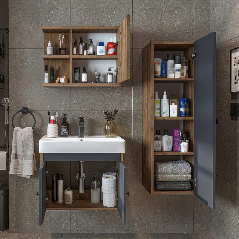 Mobile bagno completo sospeso lavabo specchio colonna 60 cm rovere antracite Cascade