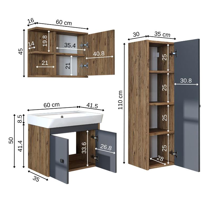 Mobile bagno completo sospeso lavabo specchio colonna 60 cm rovere antracite Cascade
