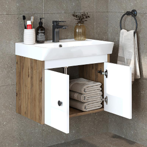 Mobile bagno sospeso lavabo moderno 60 cm rovere bianco Cascade