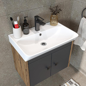 Mobile bagno sospeso lavabo moderno 60 cm rovere antracite Cascade