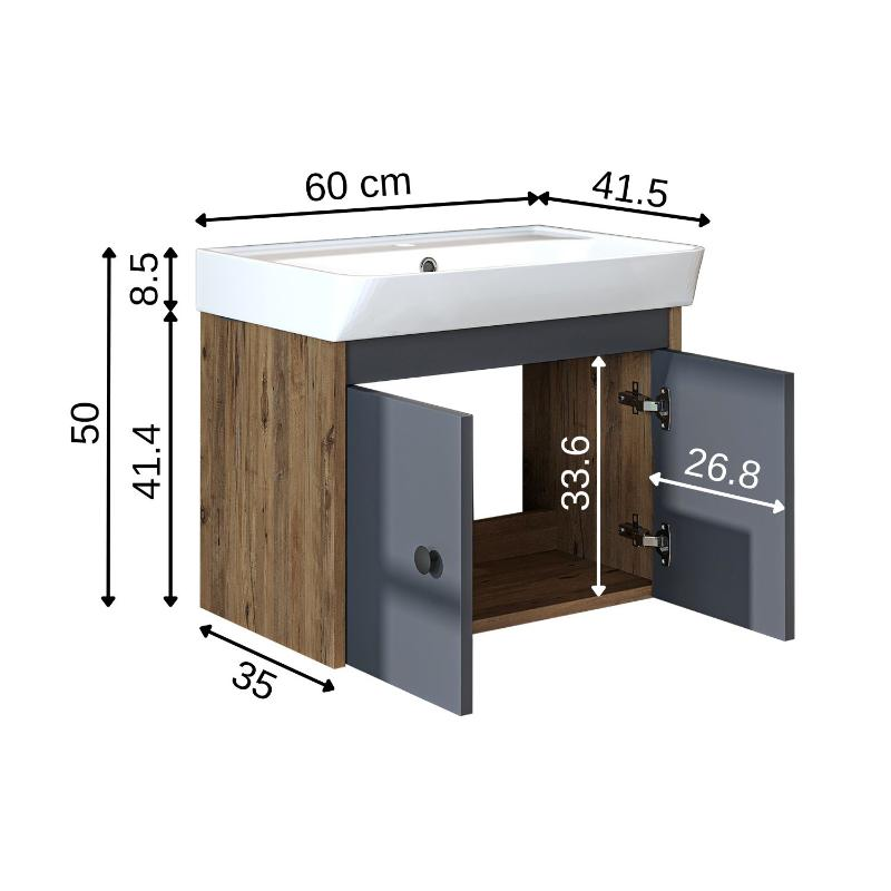 Mobile bagno sospeso lavabo moderno 60 cm rovere antracite Cascade