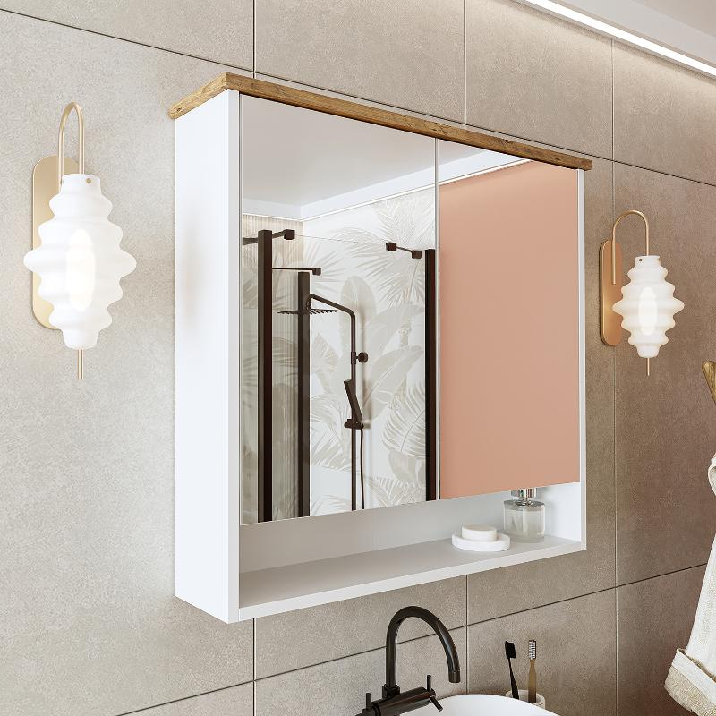 Specchio bagno contenitore 2 ante 82xH75 bianco rovere Marea