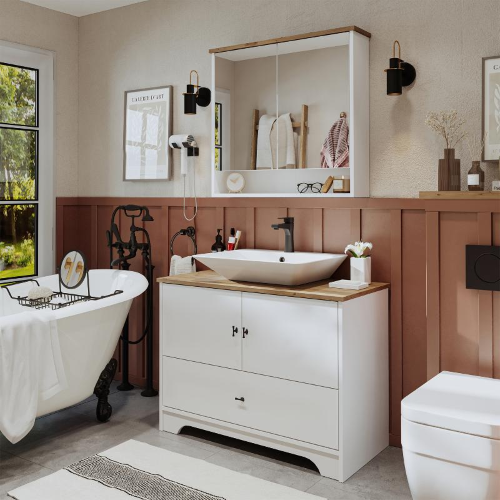 Mobile bagno a terra lavabo rettangolare specchio 100 cm bianco rovere Marea
