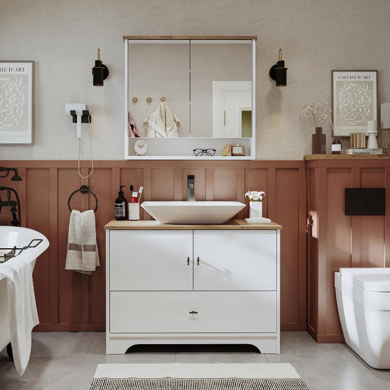 Mobile bagno a terra lavabo rettangolare specchio 100 cm bianco rovere Marea