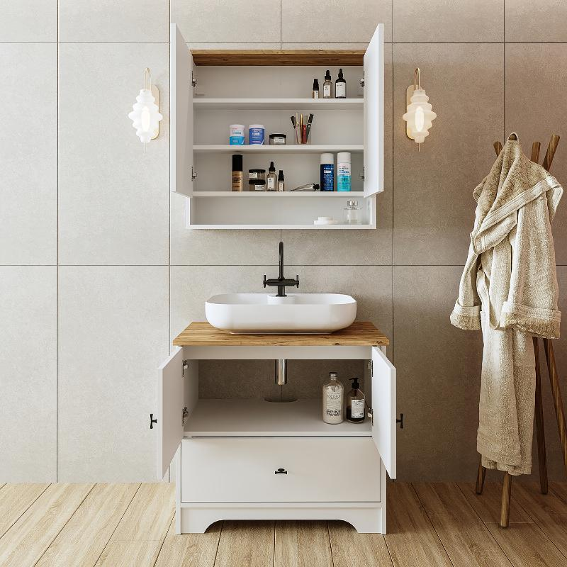 Mobile bagno a terra lavabo tondo specchio 80 cm bianco rovere Marea