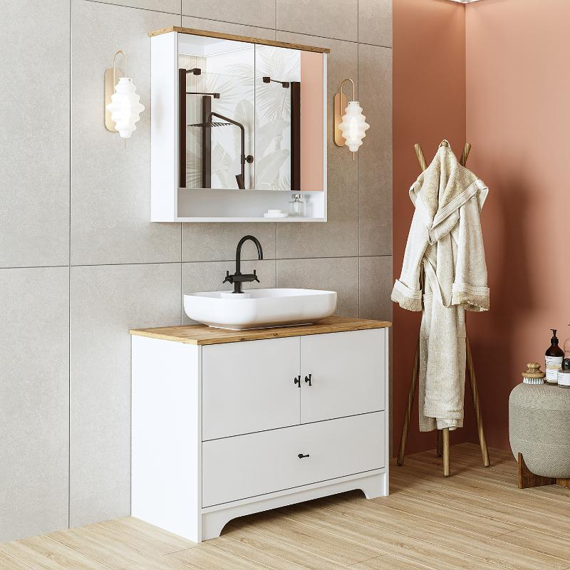 Mobile bagno a terra lavabo tondo specchio 100 cm bianco rovere Marea