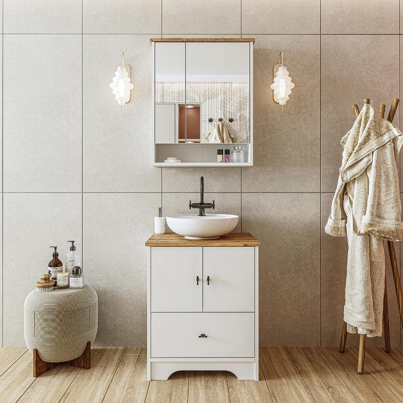 Mobile bagno a terra lavabo tondo specchio 60 cm bianco rovere Marea