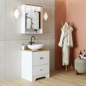 Mobile bagno a terra lavabo tondo specchio 60 cm bianco rovere Marea