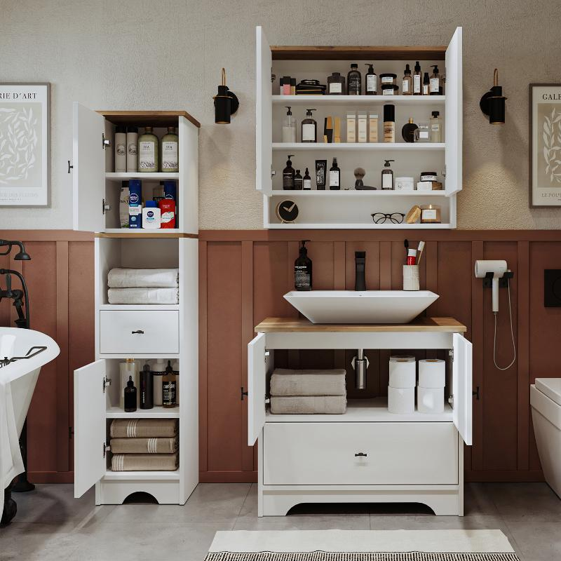 Mobile bagno completo a terra lavabo rettangolare specchio colonna 80 cm bianco rovere Marea
