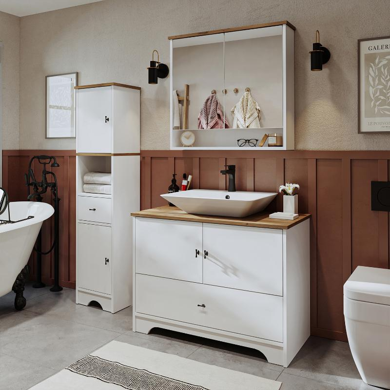 Mobile bagno completo a terra lavabo rettangolare specchio colonna 100 cm bianco rovere Marea
