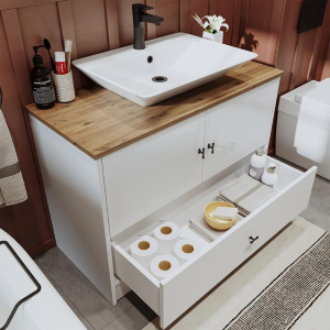 Mobile bagno completo a terra lavabo rettangolare specchio colonna 100 cm bianco rovere Marea
