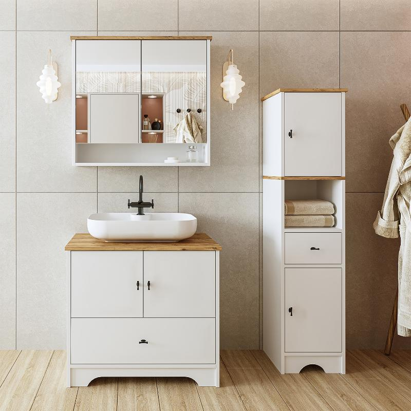 Mobile bagno completo a terra lavabo tondo specchio colonna 80 cm bianco rovere Marea