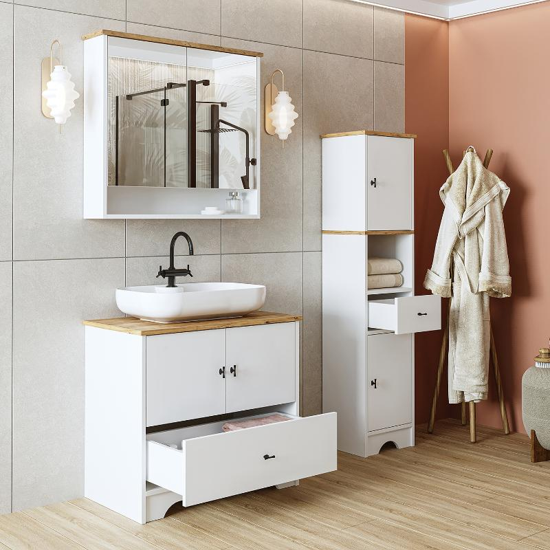 Mobile bagno completo a terra lavabo tondo specchio colonna 80 cm bianco rovere Marea