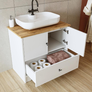 Mobile bagno completo a terra lavabo tondo specchio colonna 80 cm bianco rovere Marea