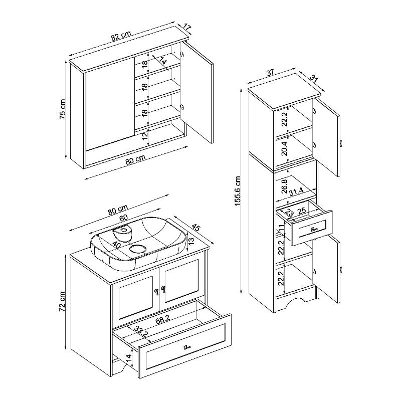 Mobile bagno completo a terra lavabo tondo specchio colonna 80 cm bianco rovere Marea