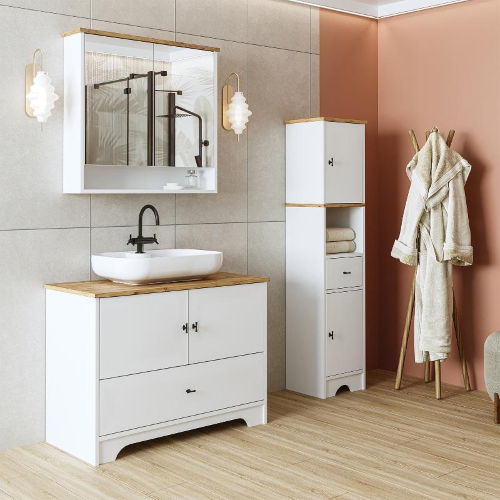 Mobile bagno completo a terra lavabo tondo specchio colonna 100 cm bianco rovere Marea