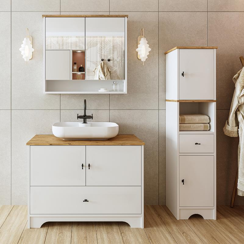 Mobile bagno completo a terra lavabo tondo specchio colonna 100 cm bianco rovere Marea