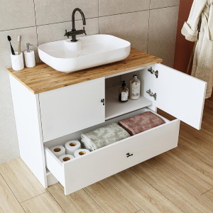 Mobile bagno completo a terra lavabo tondo specchio colonna 100 cm bianco rovere Marea