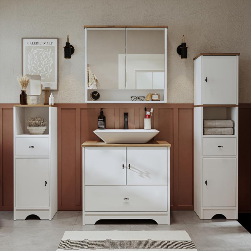 Mobile bagno completo a terra lavabo tondo specchio doppia colonna 80 cm bianco rovere Marea