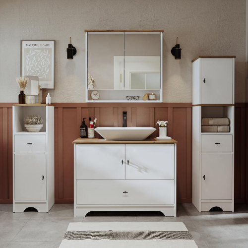 Mobile bagno completo a terra lavabo tondo specchio doppia colonna 100 cm bianco rovere Marea