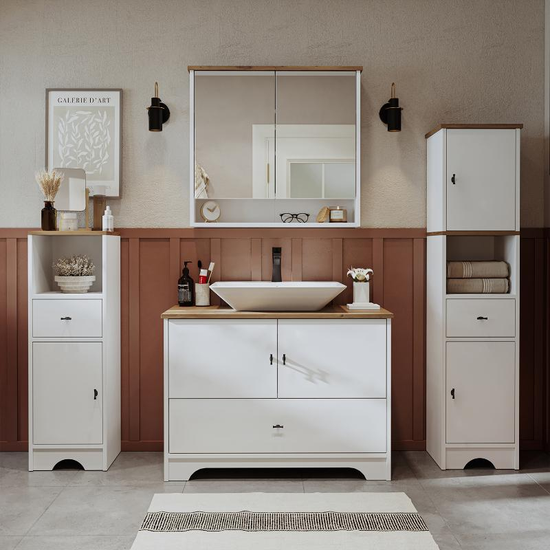 Mobile bagno completo a terra lavabo tondo specchio doppia colonna 100 cm bianco rovere Marea