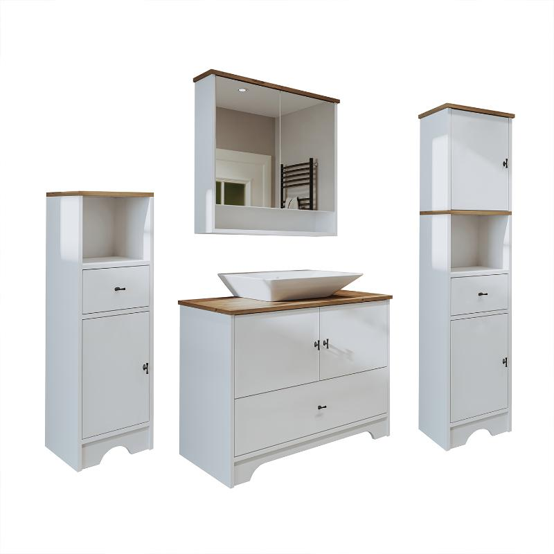 Mobile bagno completo a terra lavabo tondo specchio doppia colonna 100 cm bianco rovere Marea