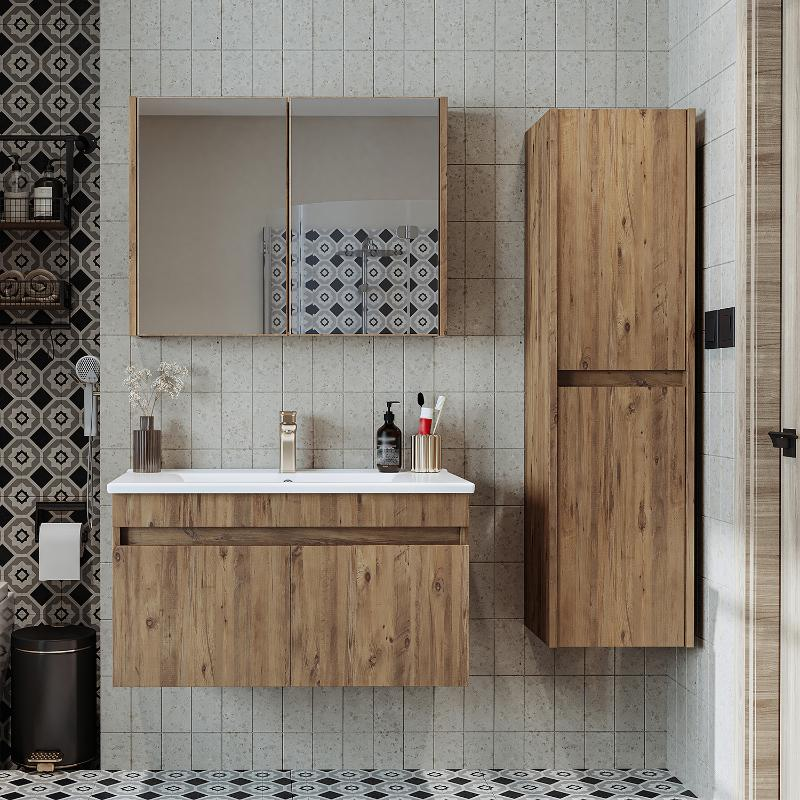 Mobile bagno sospeso lavabo specchio contenitore colonna 85 cm rovere Nerea