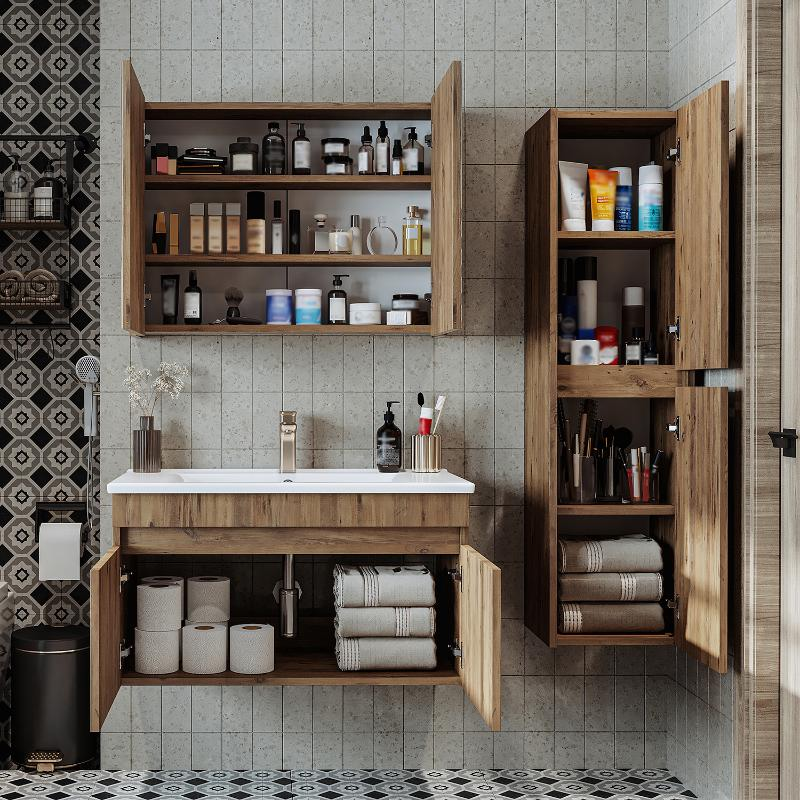Mobile bagno sospeso lavabo specchio contenitore colonna 85 cm rovere Nerea