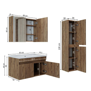Mobile bagno sospeso lavabo specchio contenitore colonna 85 cm rovere Nerea