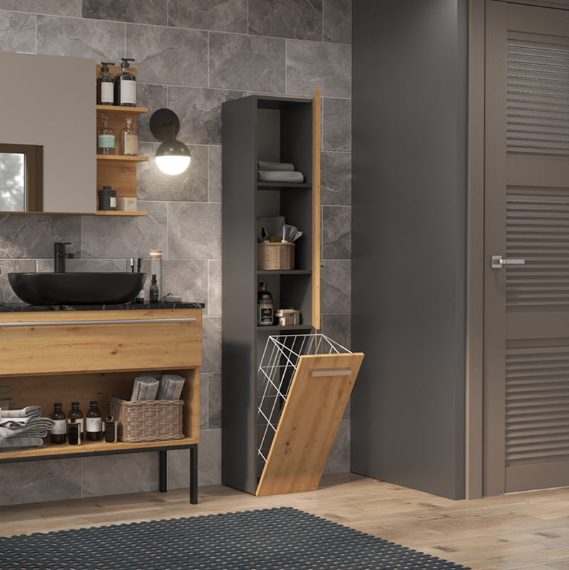 Colonna bagno a terra 1 anta 1 cesto portabiancheria 31xH174 rovere antracite Flute
