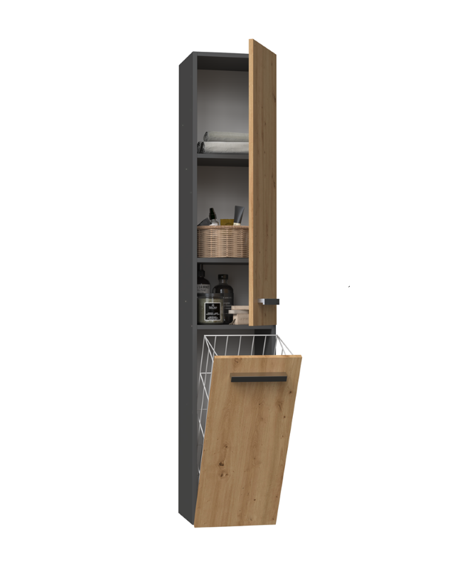 Colonna bagno a terra 1 anta 1 cesto portabiancheria 31xH174 rovere antracite Flute
