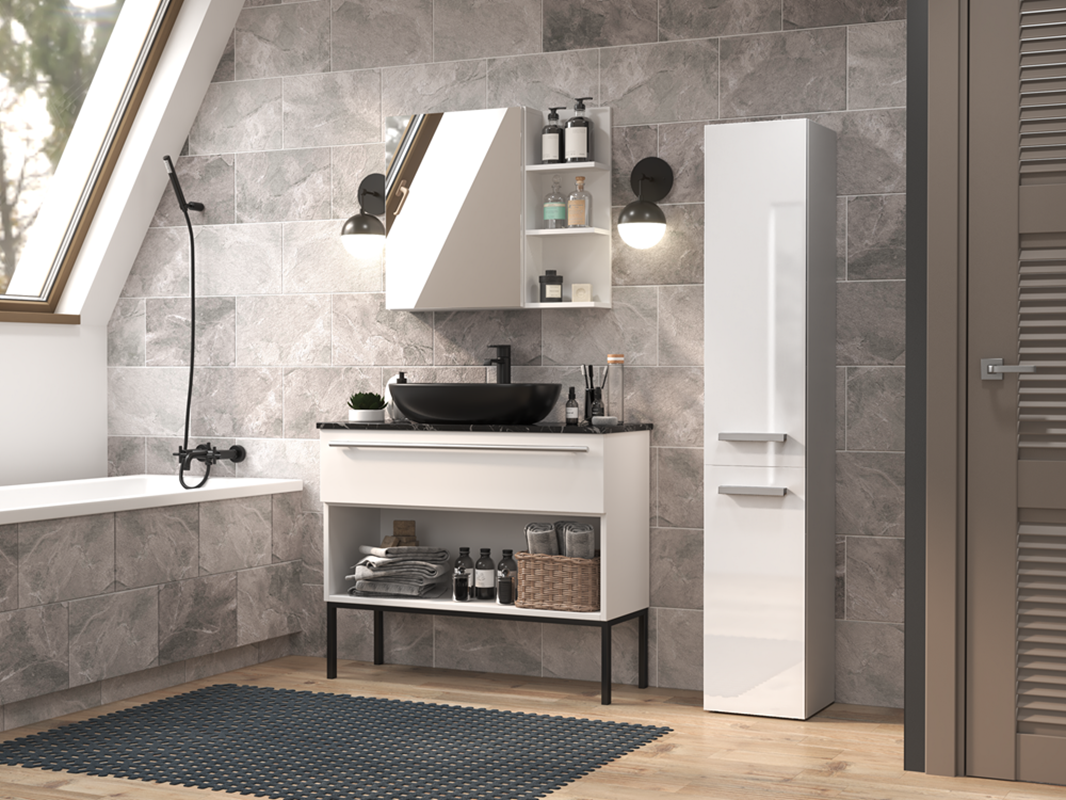 Colonna bagno a terra 1 anta 1 cesto portabiancheria 31xH174 bianco lucido Flute