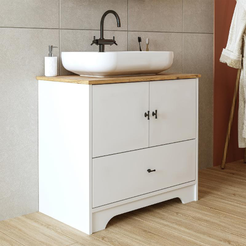Mobile bagno a terra lavabo tondo 80 cm bianco rovere Marea