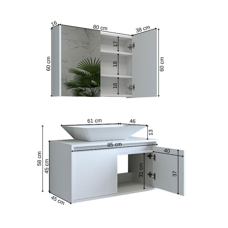 Mobile bagno sospeso lavabo specchio 85 cm bianco Corallo