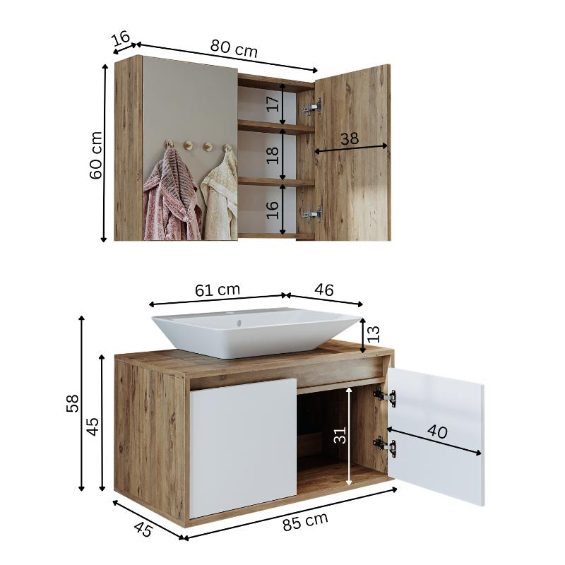 Mobile bagno sospeso lavabo specchio 85 cm rovere bianco Corallo