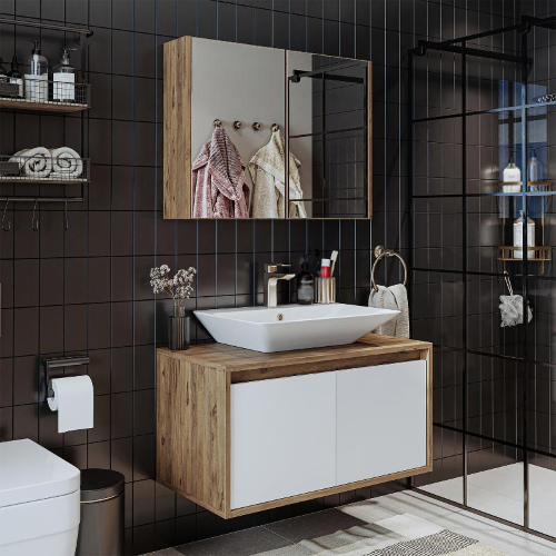 Mobile bagno sospeso lavabo specchio 85 cm rovere bianco Corallo