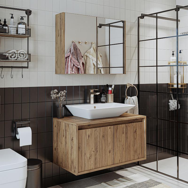 Mobile bagno sospeso lavabo specchio 85 cm rovere Corallo