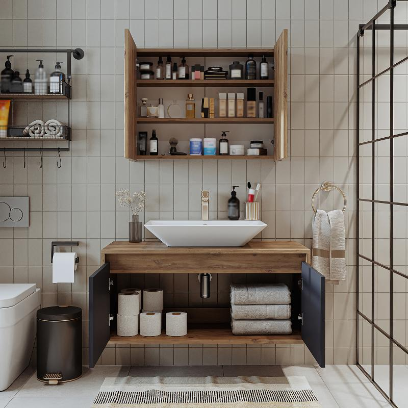 Mobile bagno sospeso lavabo specchio 100 cm rovere antracite Corallo