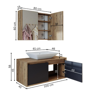Mobile bagno sospeso lavabo specchio 100 cm rovere antracite Corallo