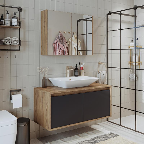 Mobile bagno sospeso lavabo specchio 100 cm rovere antracite Corallo