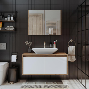 Mobile bagno sospeso lavabo specchio 100 cm rovere bianco Corallo