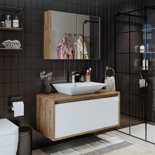Mobile bagno sospeso lavabo specchio 100 cm rovere bianco Corallo