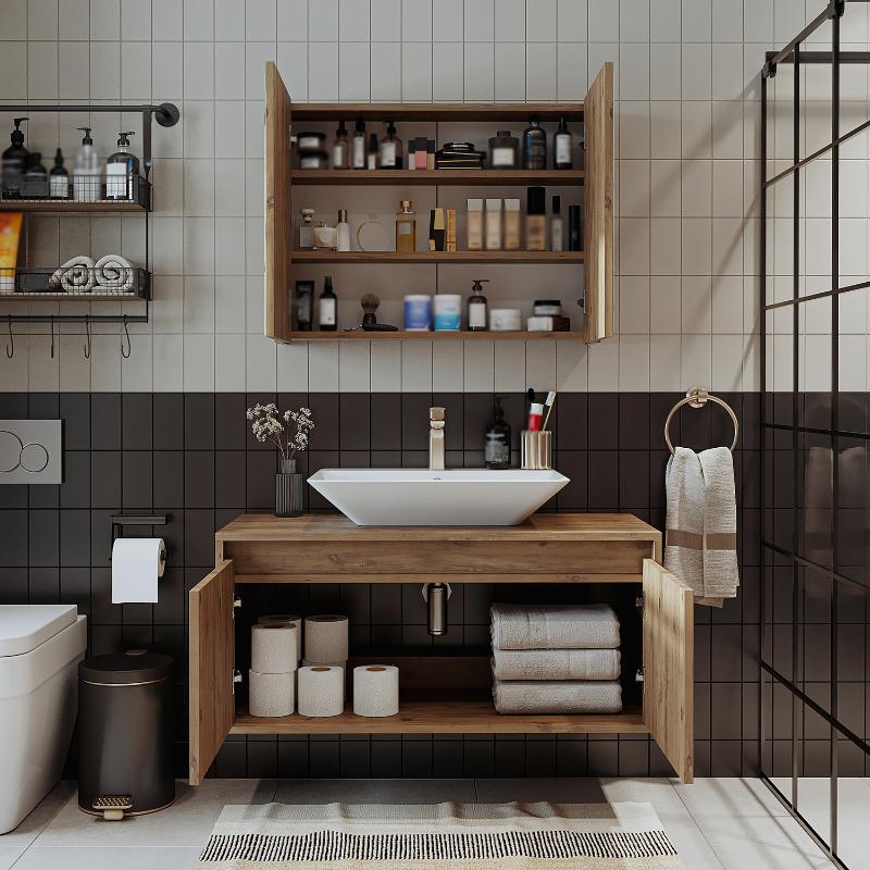 Mobile bagno sospeso lavabo specchio 100 cm rovere Corallo