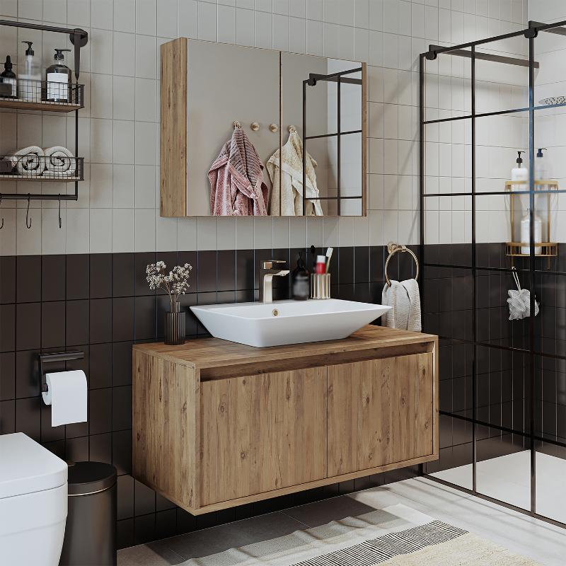 Mobile bagno sospeso lavabo specchio 100 cm rovere Corallo