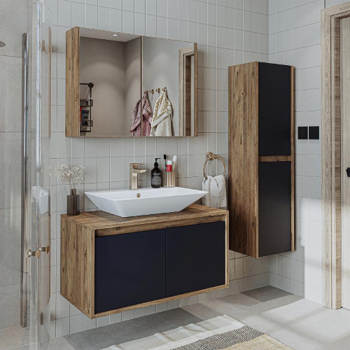 Mobile bagno sospeso lavabo specchio colonna 85 cm rovere antracite Corallo