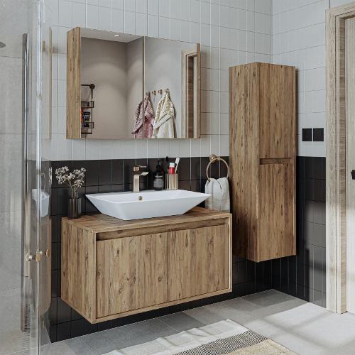 Mobile bagno sospeso lavabo specchio colonna 85 cm rovere Corallo
