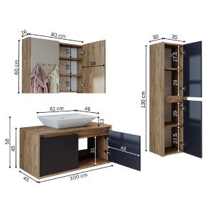 Mobile bagno sospeso lavabo specchio colonna 100 cm rovere antracite Corallo