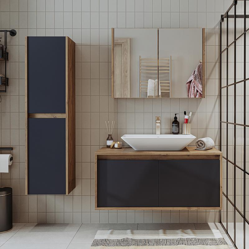 Mobile bagno sospeso lavabo specchio colonna 100 cm rovere antracite Corallo